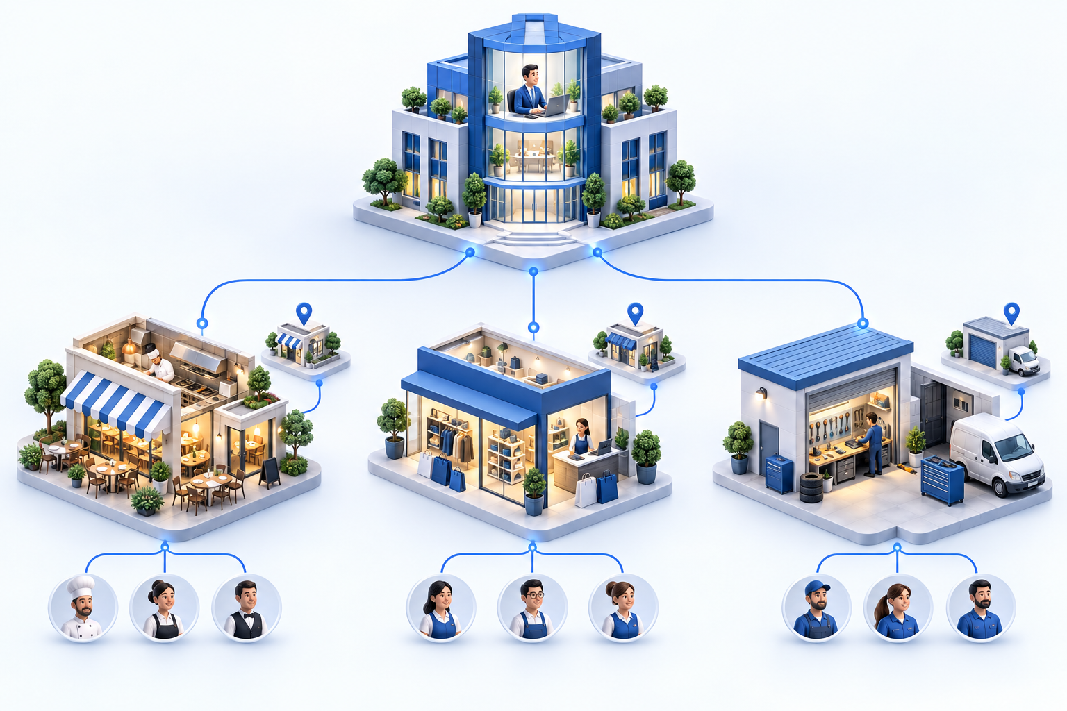 Illustration of a central structure connected to a restaurant, a store and a service business, each with its own team.